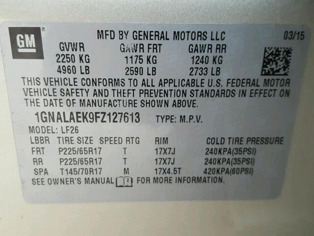 1GNALAEK9FZ127613 - 2015 CHEVROLET EQUINOX LS ბეჟი ფოტო 10