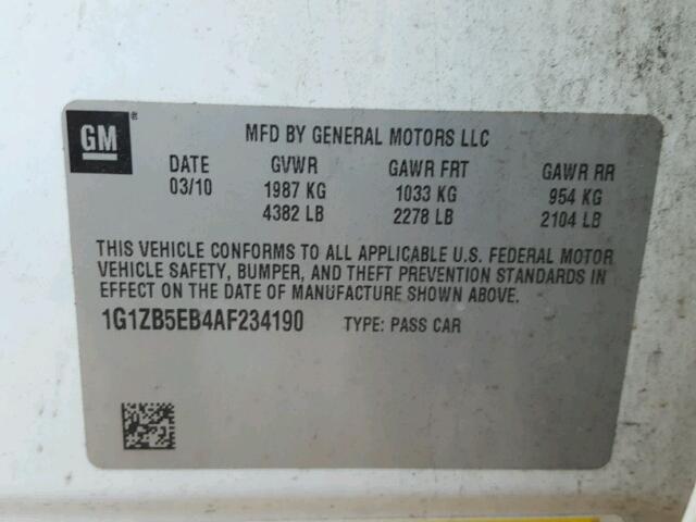 1G1ZB5EB4AF234190 - 2010 CHEVROLET MALIBU LS თეთრი ფოტო 10