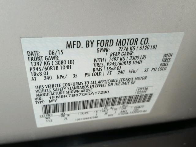 1FM5K7B87GGA17290 - 2016 FORD EXPLORER SILVER photo 10