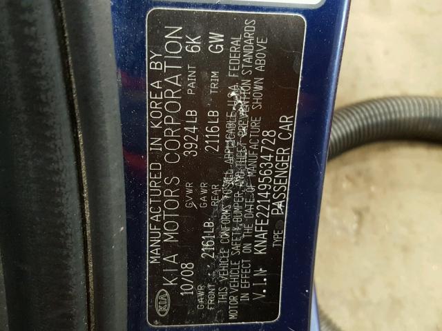 KNAFE221495634728 - 2009 KIA SPECTRA EX BLUE photo 10