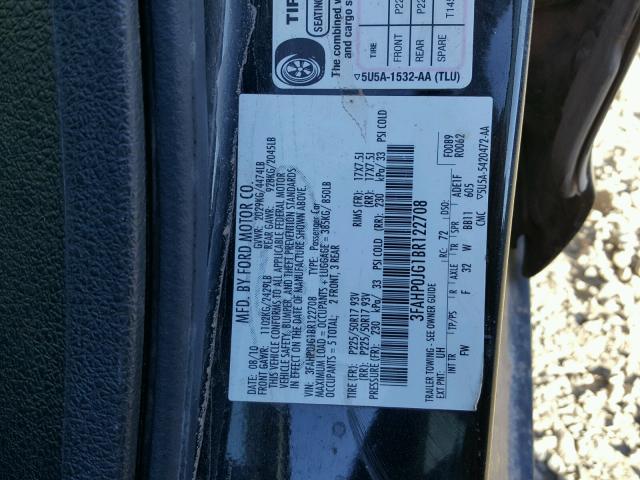 3FAHP0JG1BR122708 - 2011 FORD FUSION SEL BLACK photo 10