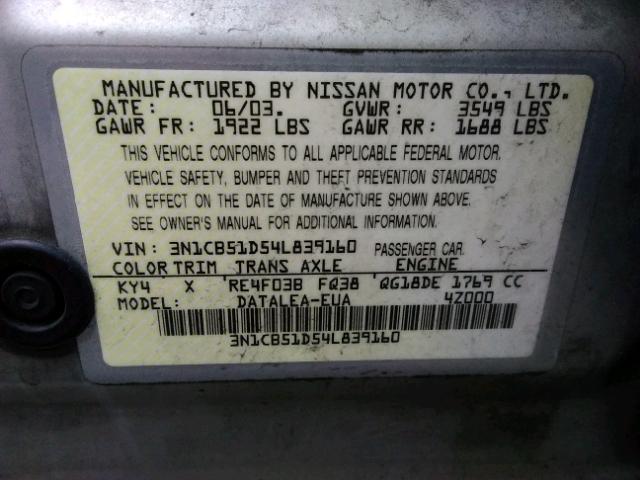 3N1CB51D54L839160 - 2004 NISSAN SENTRA SILVER photo 10