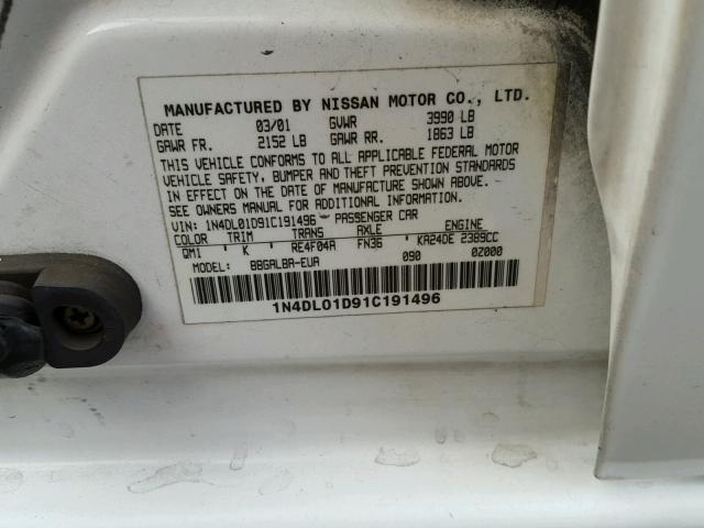 1N4DL01D91C191496 - 2001 NISSAN ALTIMA XE WHITE photo 10