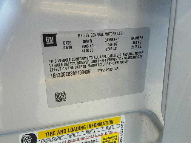 1G1ZC5EB8AF198436 - 2010 CHEVROLET MALIBU 1LT ვერცხლისფერი ფოტო 10