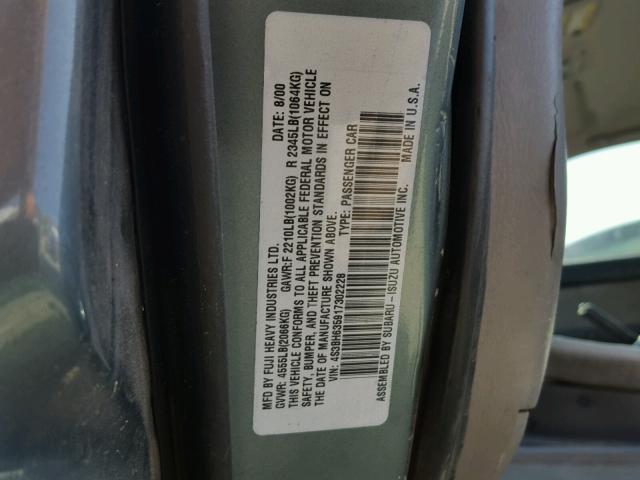 4S3BH635917302228 - 2001 SUBARU LEGACY L GREEN photo 10