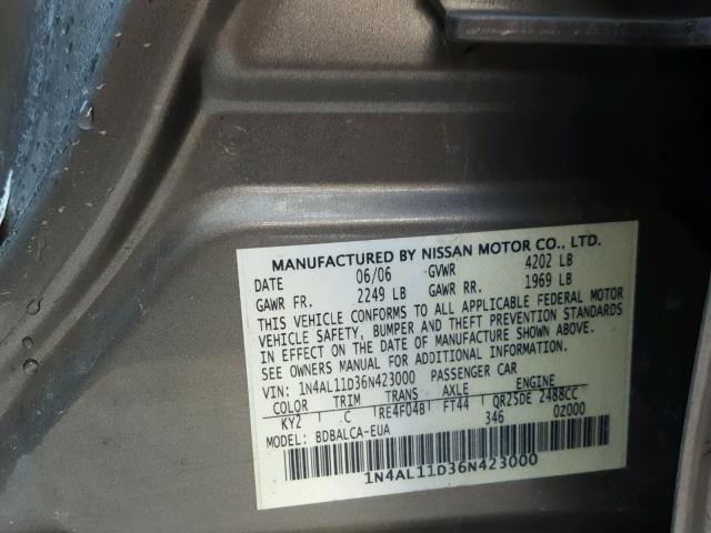 1N4AL11D36N423000 - 2006 NISSAN ALTIMA S GRAY photo 10