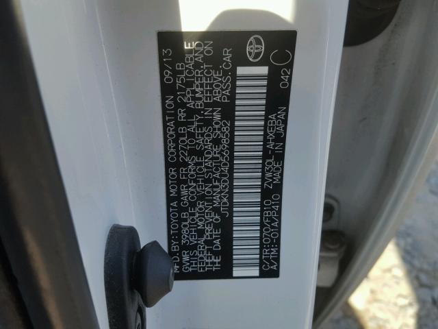 JTDKN3DU4D5698582 - 2013 TOYOTA PRIUS WHITE photo 10