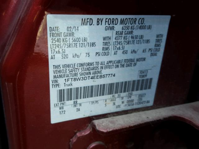 1FT8W3DT4EEB57774 - 2014 FORD F350 SUPER BURGUNDY photo 10