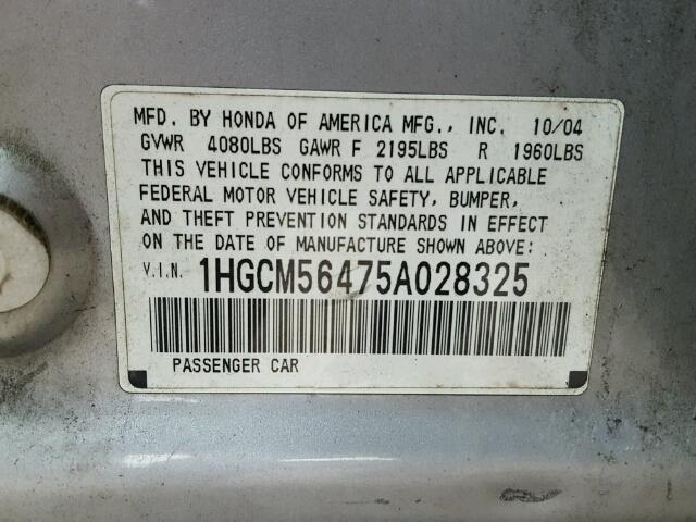 1HGCM56475A028325 - 2005 HONDA ACCORD LX SILVER photo 10