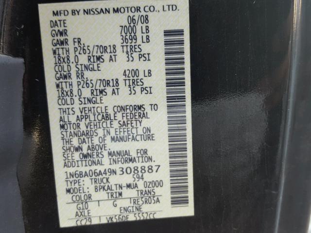 1N6BA06A49N308887 - 2009 NISSAN TITAN BLACK photo 10