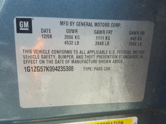 1G1ZG57K094235388 - 2009 CHEVROLET MALIBU LS მწვანე ფოტო 10