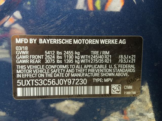 5UXTS3C56J0Y97230 - 2018 BMW X3 XDRIVE3 BLUE photo 10