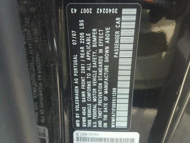 WVWFA71F38V011298 - 2008 VOLKSWAGEN EOS LUX 黑色 照片 10