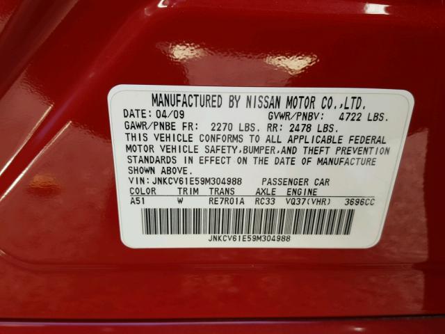 JNKCV61E59M304988 - 2009 INFINITI G37 BASE RED photo 10