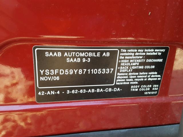 YS3FD59Y871105337 - 2007 SAAB 9-3 2.0T RED photo 10