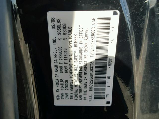 1HGCS22849A003708 - 2009 HONDA ACCORD EXL BLACK photo 10