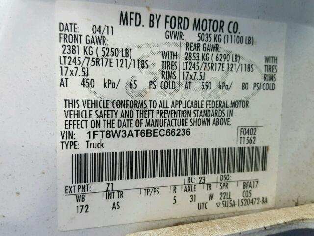 1FT8W3AT6BEC66236 - 2011 FORD F350 SUPER WHITE photo 10