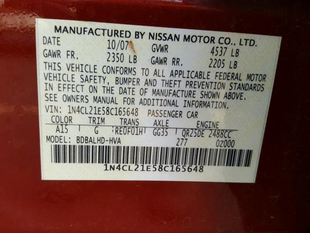 1N4CL21E58C165648 - 2008 NISSAN ALTIMA HYB RED photo 10