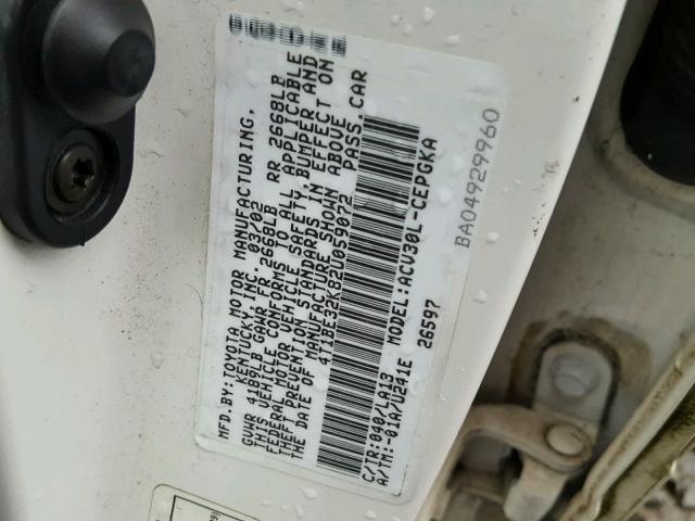 4T1BE32K82U059072 - 2002 TOYOTA CAMRY LE WHITE photo 10