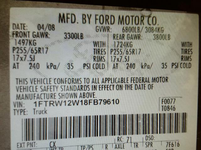 1FTRW12W18FB79610 - 2008 FORD F150 SUPER GRAY photo 10