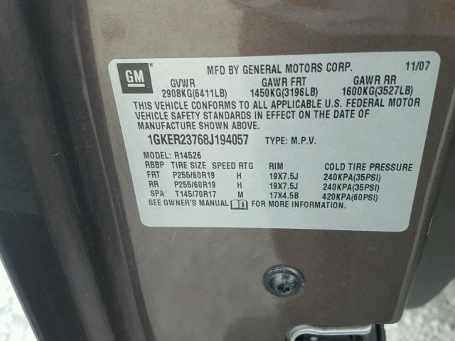 1GKER23768J194057 - 2008 GMC ACADIA CHARCOAL photo 10