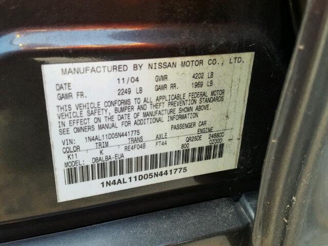 1N4AL11D05N441775 - 2005 NISSAN ALTIMA S GRAY photo 10