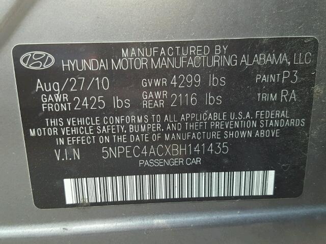 5NPEC4ACXBH141435 - 2011 HYUNDAI SONATA SE GRAY photo 10