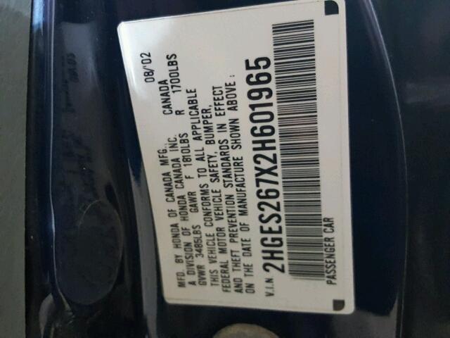 2HGES267X2H601965 - 2002 HONDA CIVIC EX ლურჯი ფოტო 10