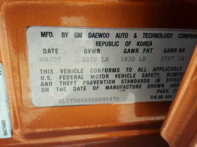KL1TD66658B095470 - 2008 CHEVROLET AVEO BASE Қызғылт сары фото 10