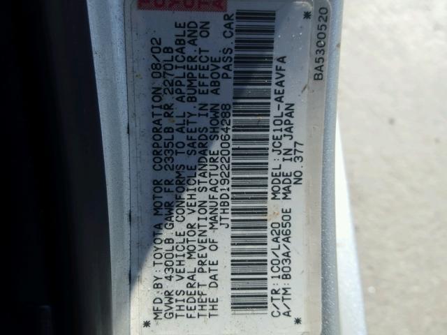 JTHBD192220064288 - 2002 LEXUS IS 300 SILVER photo 10