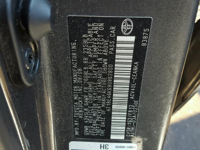 4T1BE46K69U862800 - 2009 TOYOTA CAMRY BASE GRAY photo 10