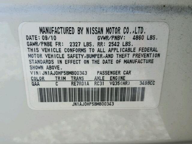 JN1AJ0HP5BM800343 - 2011 INFINITI EX35 BASE WHITE photo 10