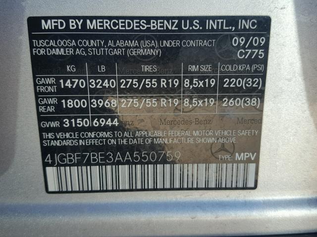 4JGBF7BE3AA550759 - 2010 MERCEDES-BENZ GL 450 4MA GRAY photo 10