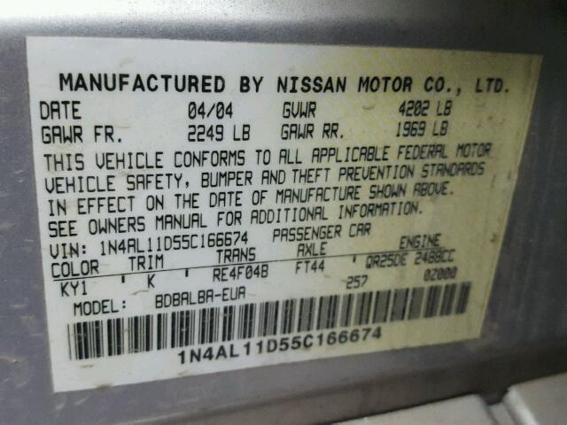 1N4AL11D55C166674 - 2005 NISSAN ALTIMA SILVER photo 10