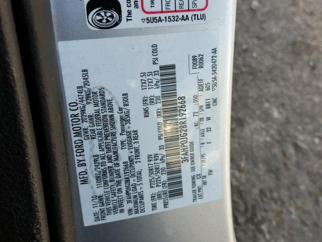 3FAHP0JG2BR192668 - 2011 FORD FUSION SEL SILVER photo 10