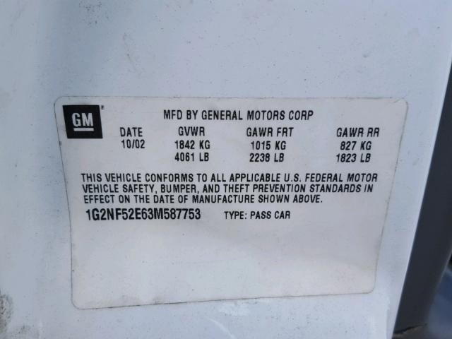 1G2NF52E63M587753 - 2003 PONTIAC GRAND AM S WHITE photo 10