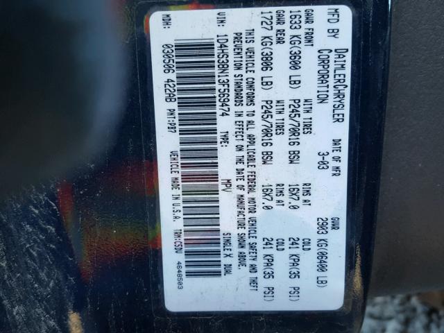 1D4HS38N13F569474 - 2003 DODGE DURANGO SP BLUE photo 10