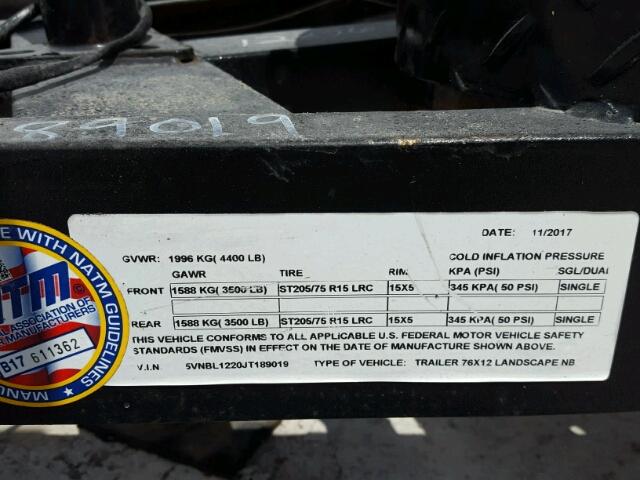 5VNBL1220JT189019 - 2018 UTILITY TRAILER BLACK photo 10