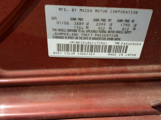 JM1BK324861473961 - 2006 MAZDA 3 S BURGUNDY photo 10