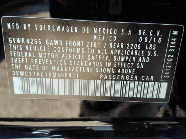3VWC17AU1HM505961 - 2017 VOLKSWAGEN GOLF SPORT BLACK photo 10