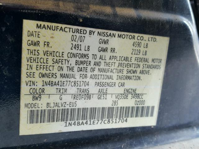 1N4BA41E77C851704 - 2007 NISSAN MAXIMA SE BLUE photo 10