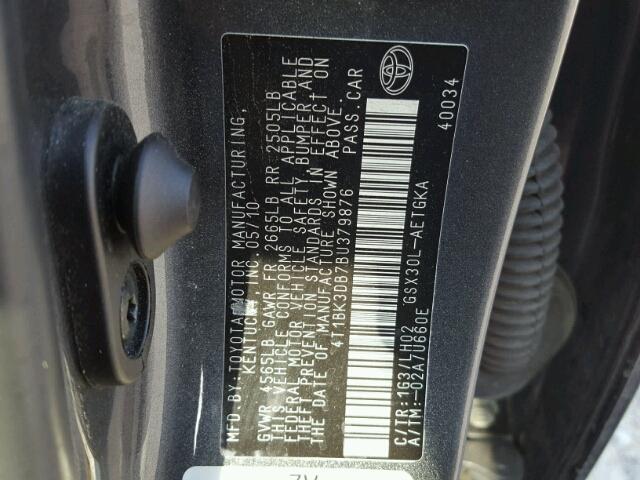 4T1BK3DB7BU379876 - 2011 TOYOTA AVALON BAS GRAY photo 10