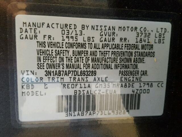 3N1AB7AP7DL693289 - 2013 NISSAN SENTRA S GRAY photo 10