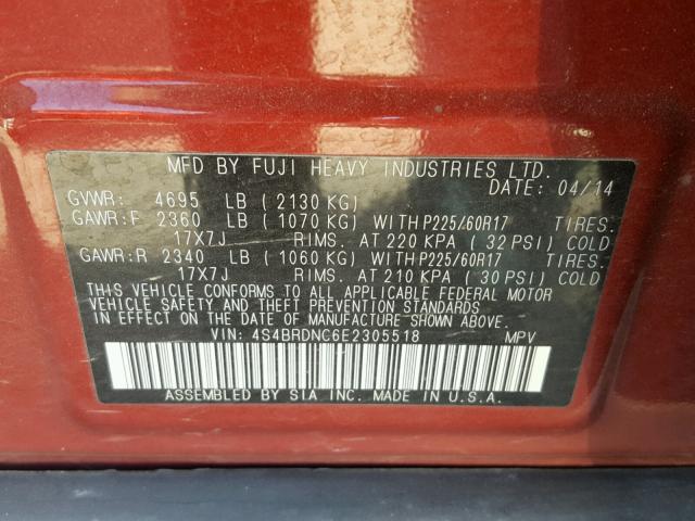 4S4BRDNC6E2305518 - 2014 SUBARU OUTBACK 3. RED photo 10