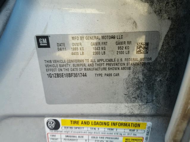 1G1ZB5E18BF361744 - 2011 CHEVROLET MALIBU LS ვერცხლისფერი ფოტო 10