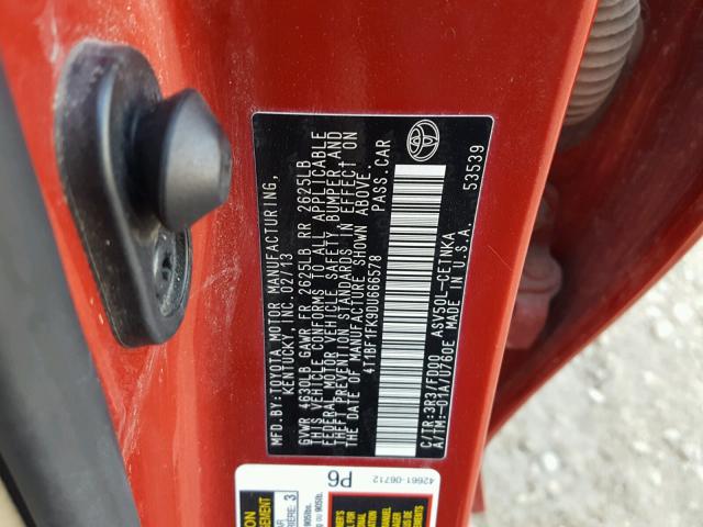 4T1BF1FK9DU666578 - 2013 TOYOTA CAMRY L RED photo 10