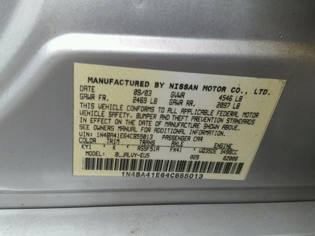 1N4BA41E64C855013 - 2004 NISSAN MAXIMA SE SILVER photo 10