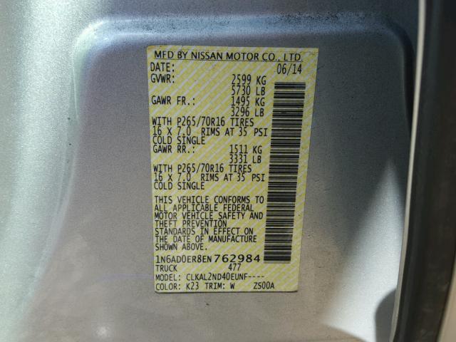 1N6AD0ER8EN762984 - 2014 NISSAN FRONTIER SILVER photo 10