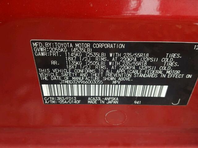 JTMBD32V966003055 - 2006 TOYOTA RAV4 SPORT RED photo 10