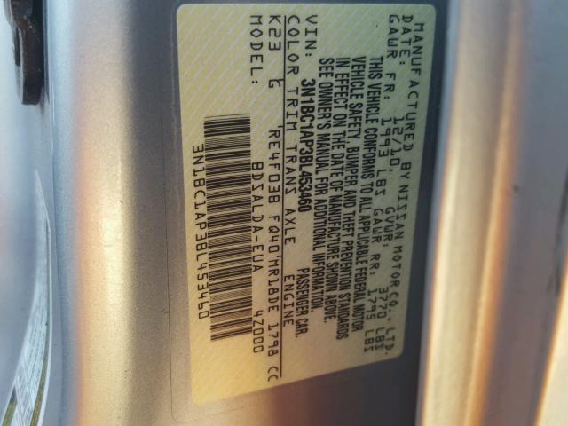 3N1BC1AP3BL453460 - 2011 NISSAN VERSA S 银色 照片 10